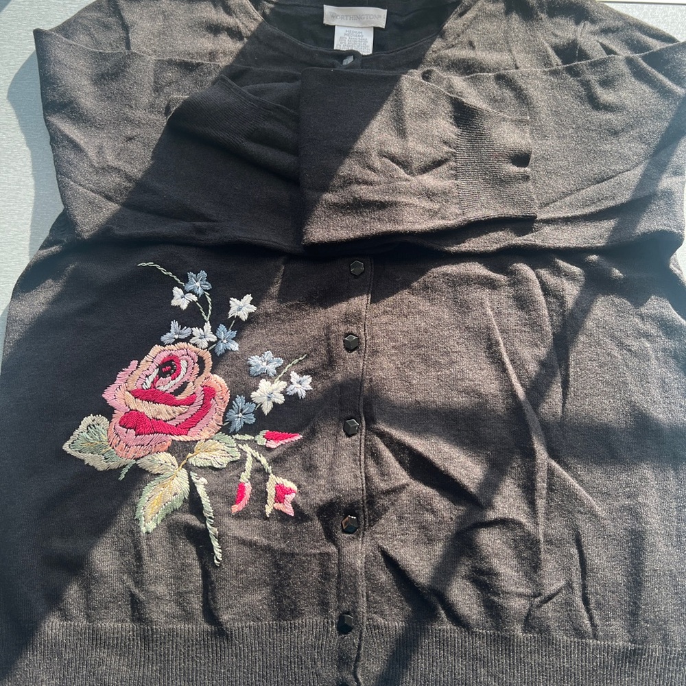 Worthington Black Cardigan with Floral Embroidery on front and back